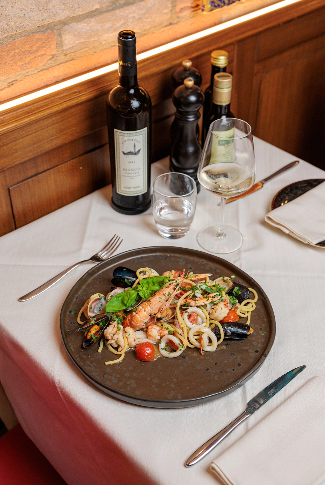 Spaghetti allo scoglio with clams, mussels, prawns and squid, served at Ristorante La Piazza, San Marco 615, Venice